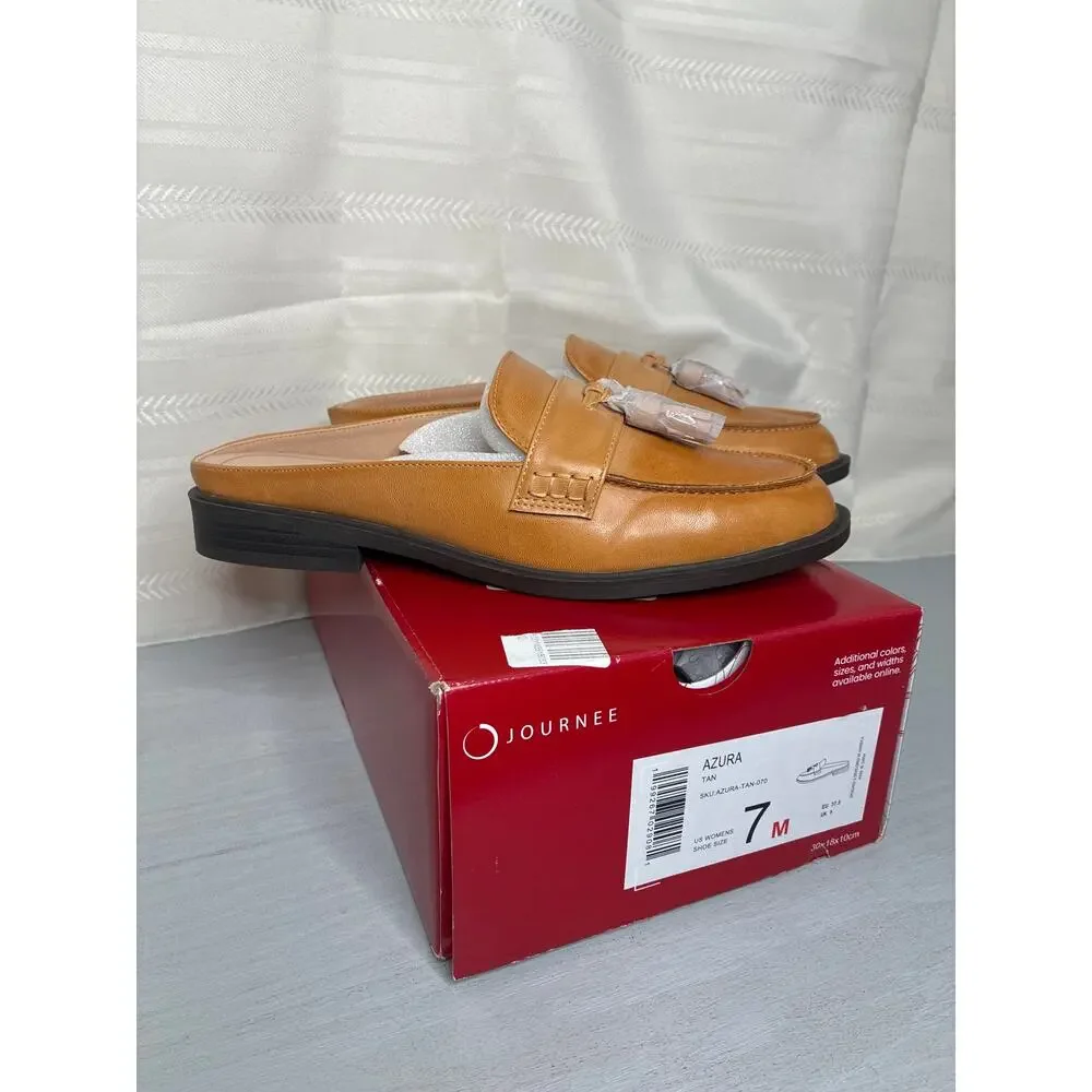 Journee Collection Azura Tassel Mule Loafer Tan Round Toe Size 7M